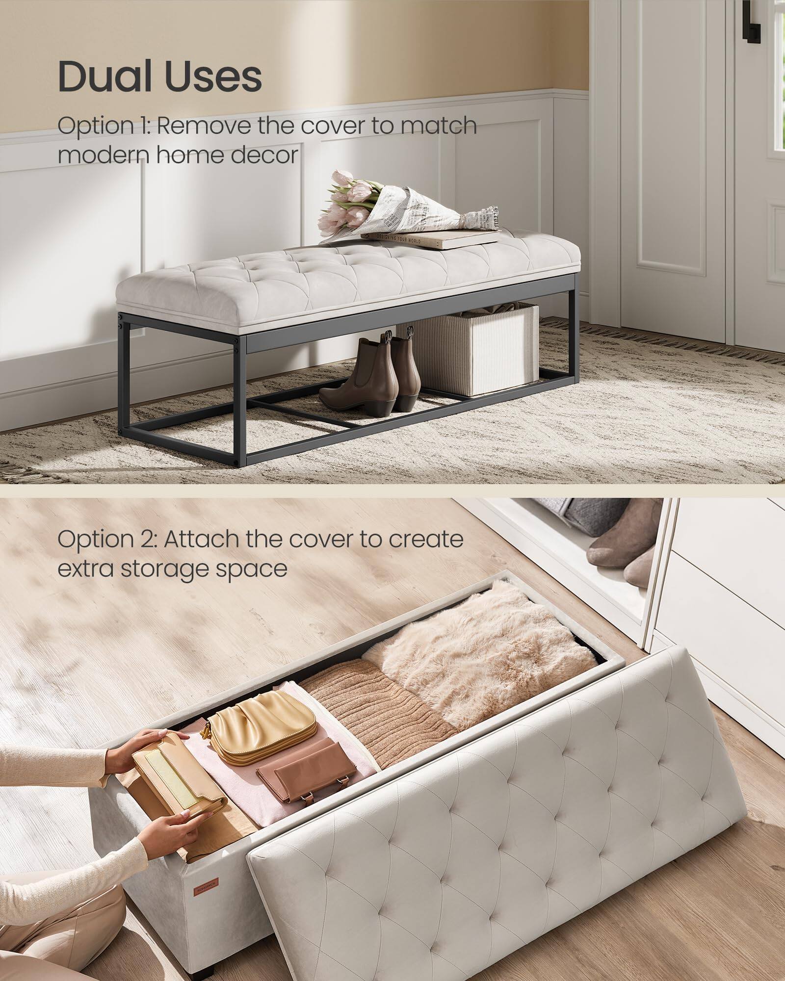 Dual Uses

Option 1: Remove the cover to match modern home decor

Option 2: Attach the cover to create extra storage space