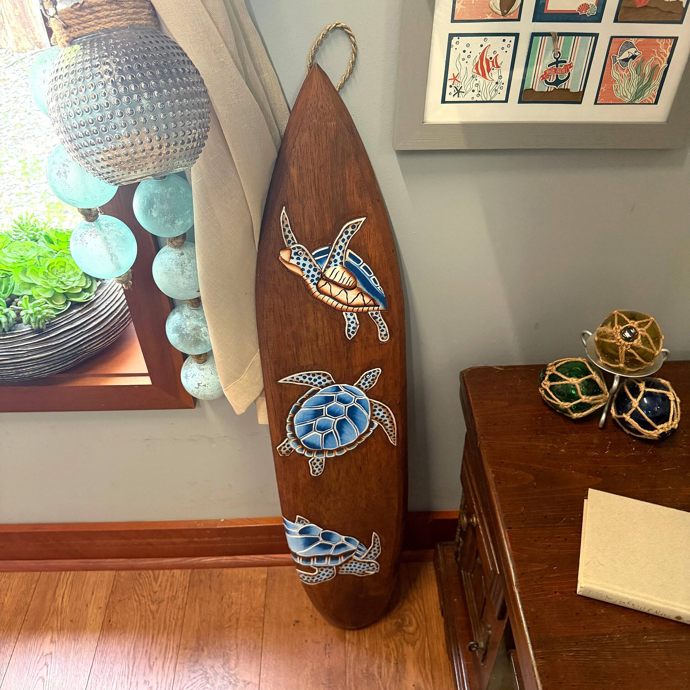 Alt View 5. Things2Die4 - Sea Turtle Surfboard Wall Hanging Coastal Wood Decor 39.5 in Brown Blue - Brown.