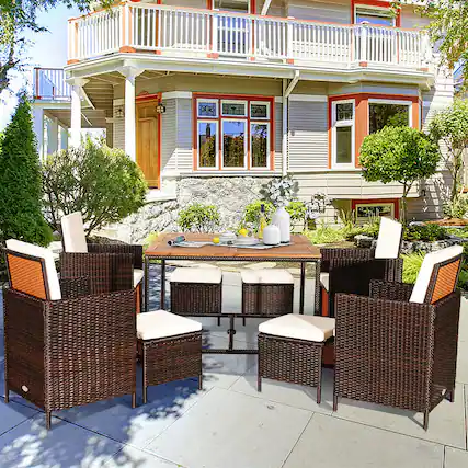 Front. Gymax - Gymax 9PCS Rattan Wicker Patio Dining Set Outdoor Furniture w/ Cushion - Brown.