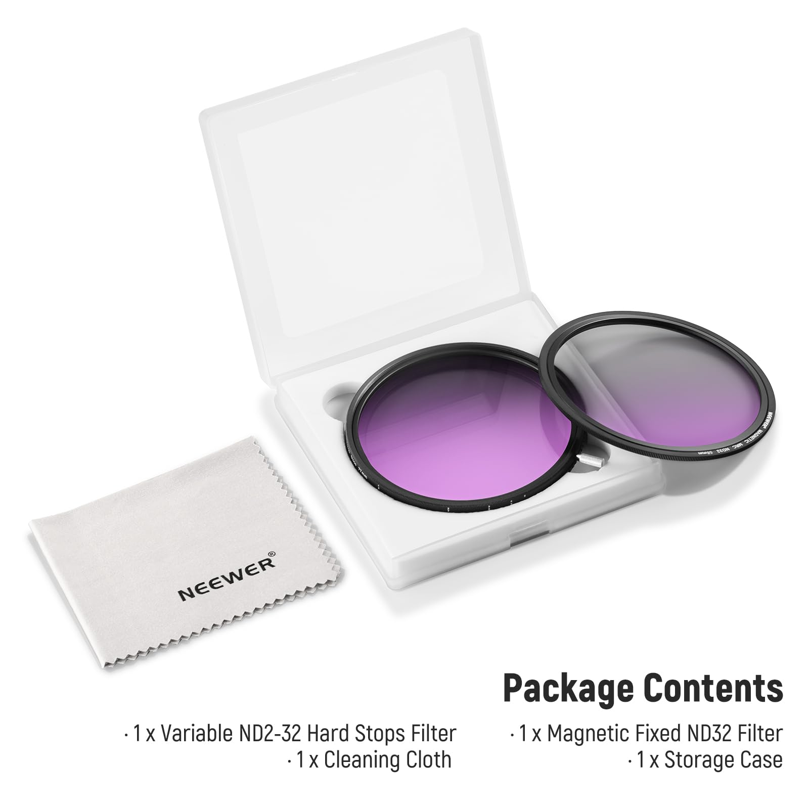 NEEWER Package Contents

1 x Variable ND2-32 Hard Stops Filter  
1 x Magnetic Fixed ND32 Filter  
1 x Cleaning Cloth  
1 x Storage Case