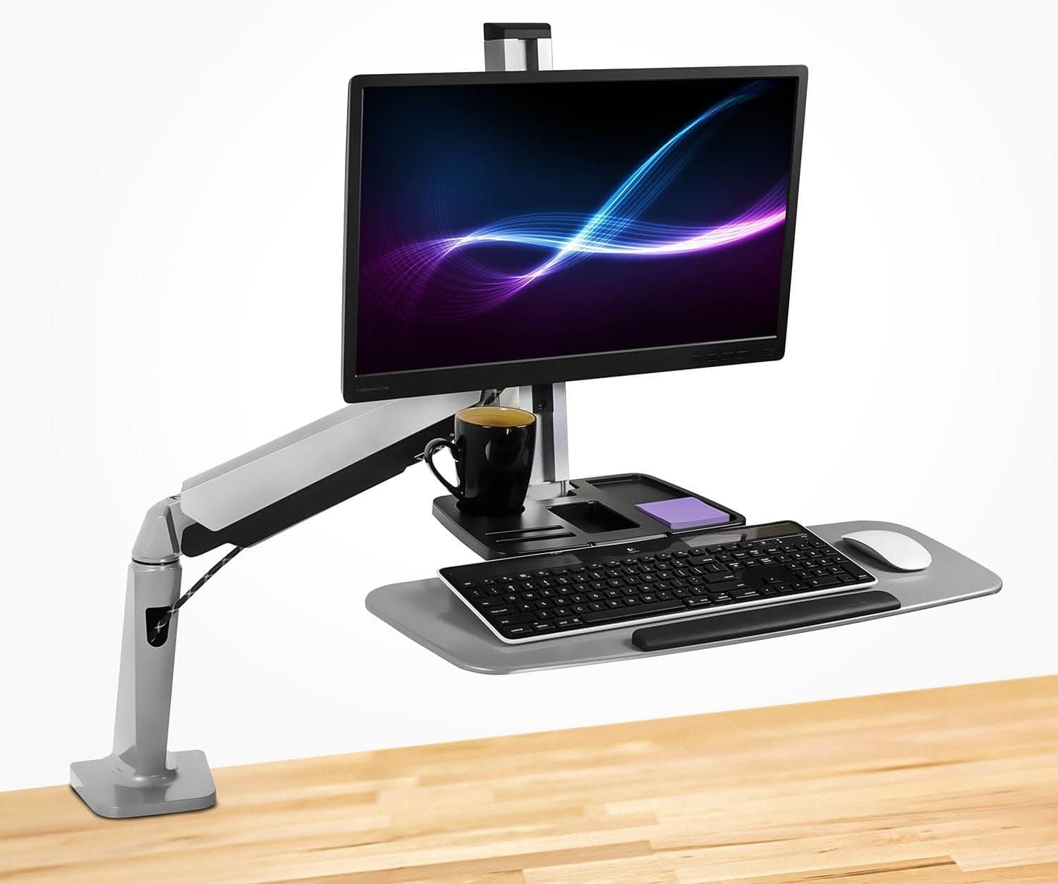 Angle. Mount-It! - Single Monitor Adjustable Sit-Stand Workstation with Gas Spring Arm and Keyboard Tray, Silver - Silver.
