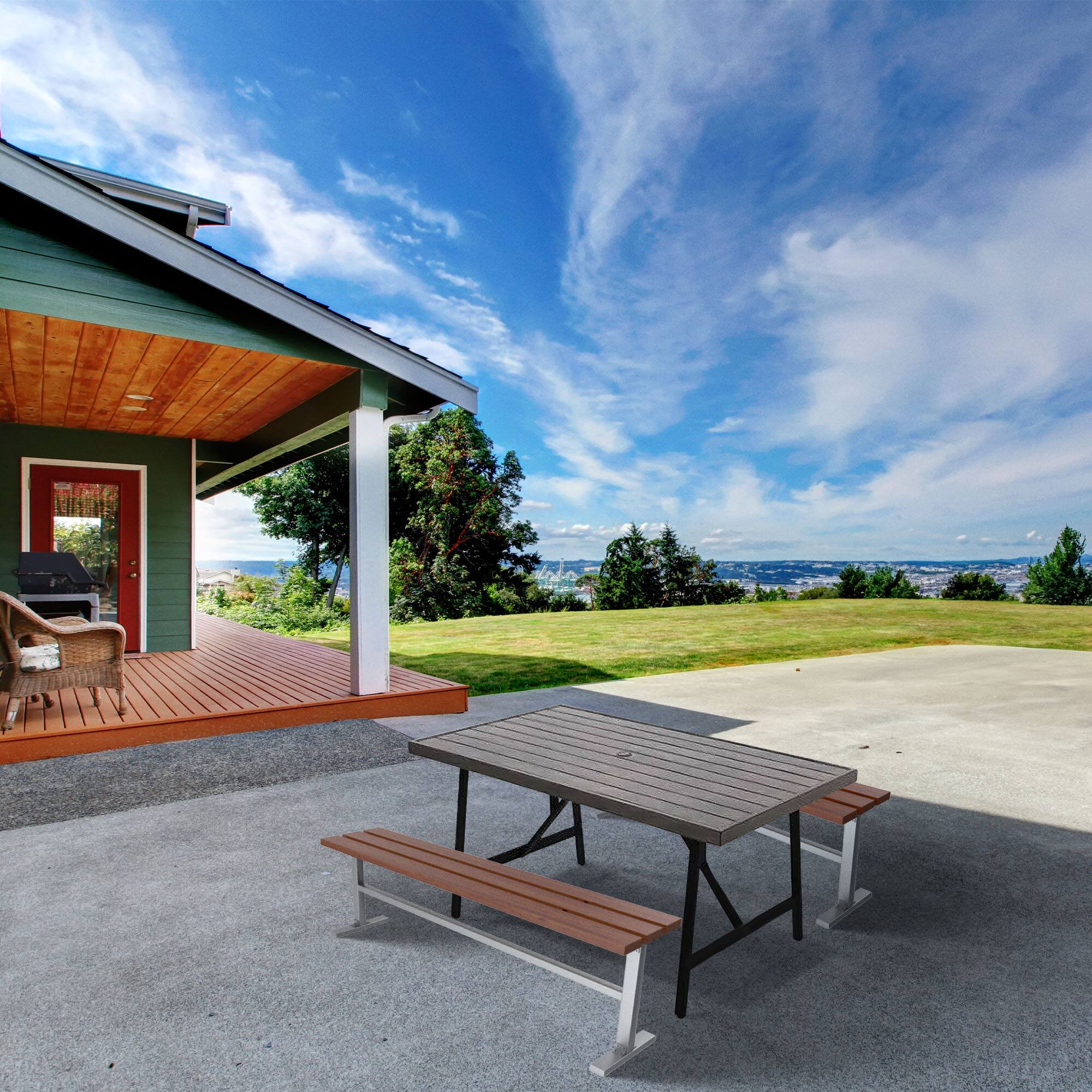 Alt View 3. Four Seasons Courtyard - Four Seasons Courtyard Norwalk Slat Top Aluminum All Weather Patio Dining Table - Gray.