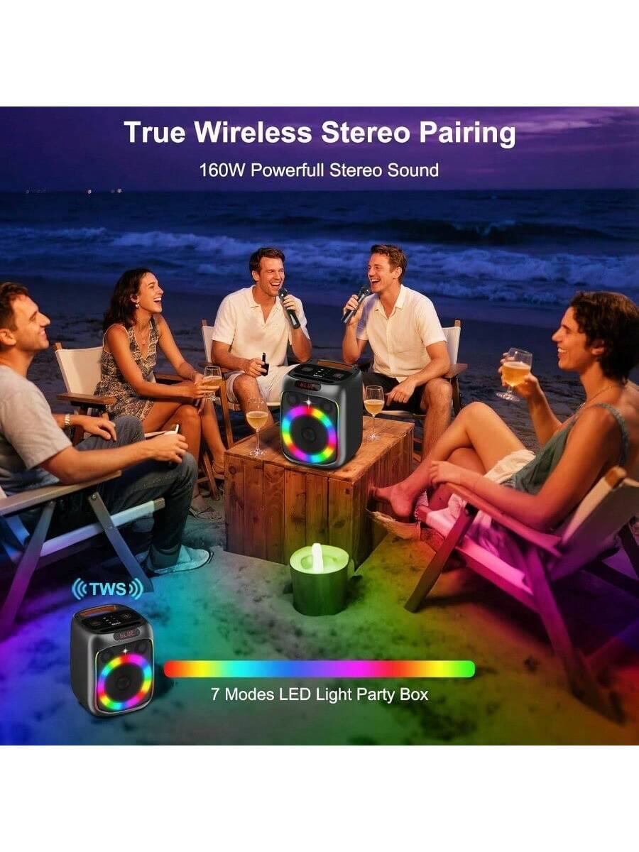True Wireless Stereo Pairing  
160W Powerful Stereo Sound  

TWS  

7 Modes LED Light Party Box
