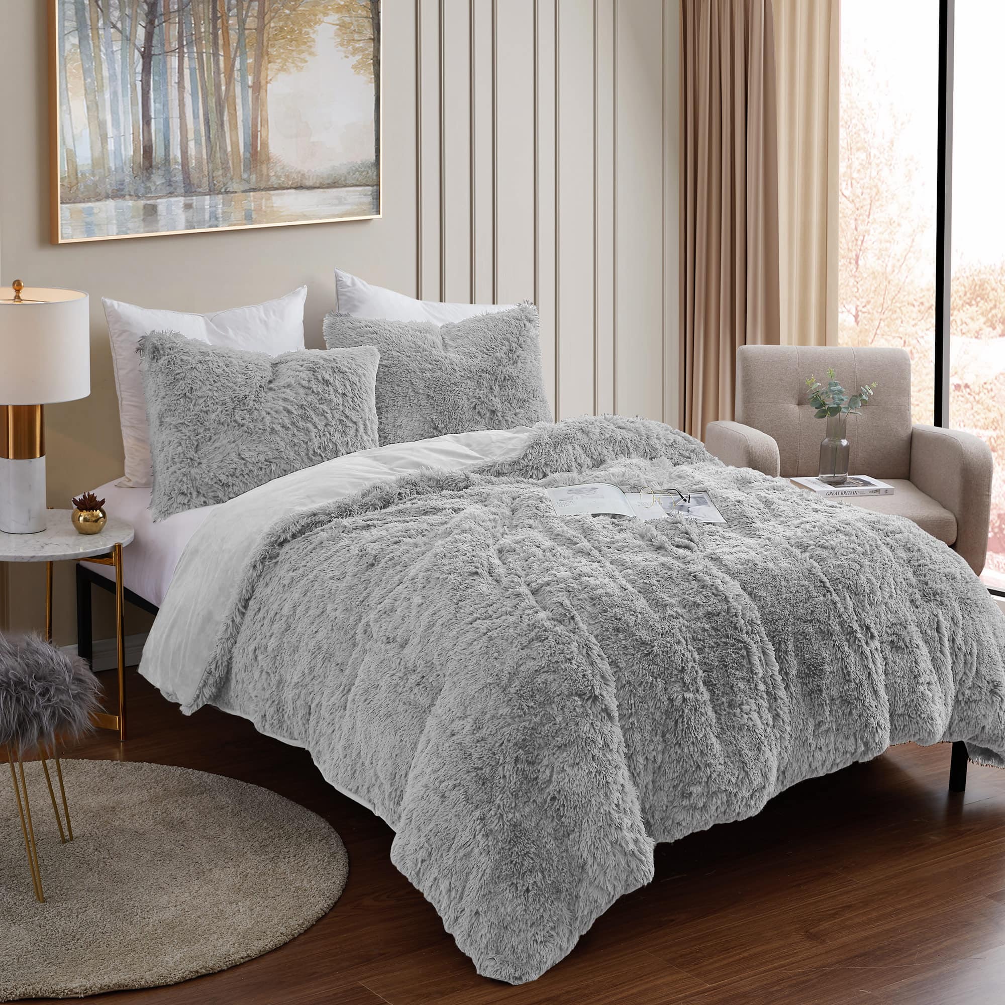 Sweet Home Collection - 3 Piece Plush Shaggy Comforter and Pillow Sham, Ultra Soft Faux Fur Decorative Bedding - Queen - Silver