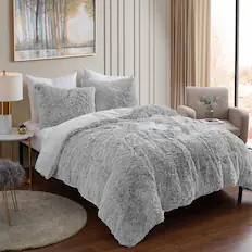 Front. Sweet Home Collection - 3 Piece Plush Shaggy Comforter and Pillow Sham, Ultra Soft Faux Fur Decorative Bedding - Queen - Silver.