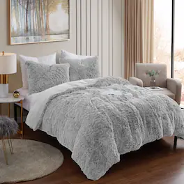 Sweet Home Collection - 3 Piece Plush Shaggy Comforter and Pillow Sham, Ultra Soft Faux Fur Decorative Bedding - Queen - Silver