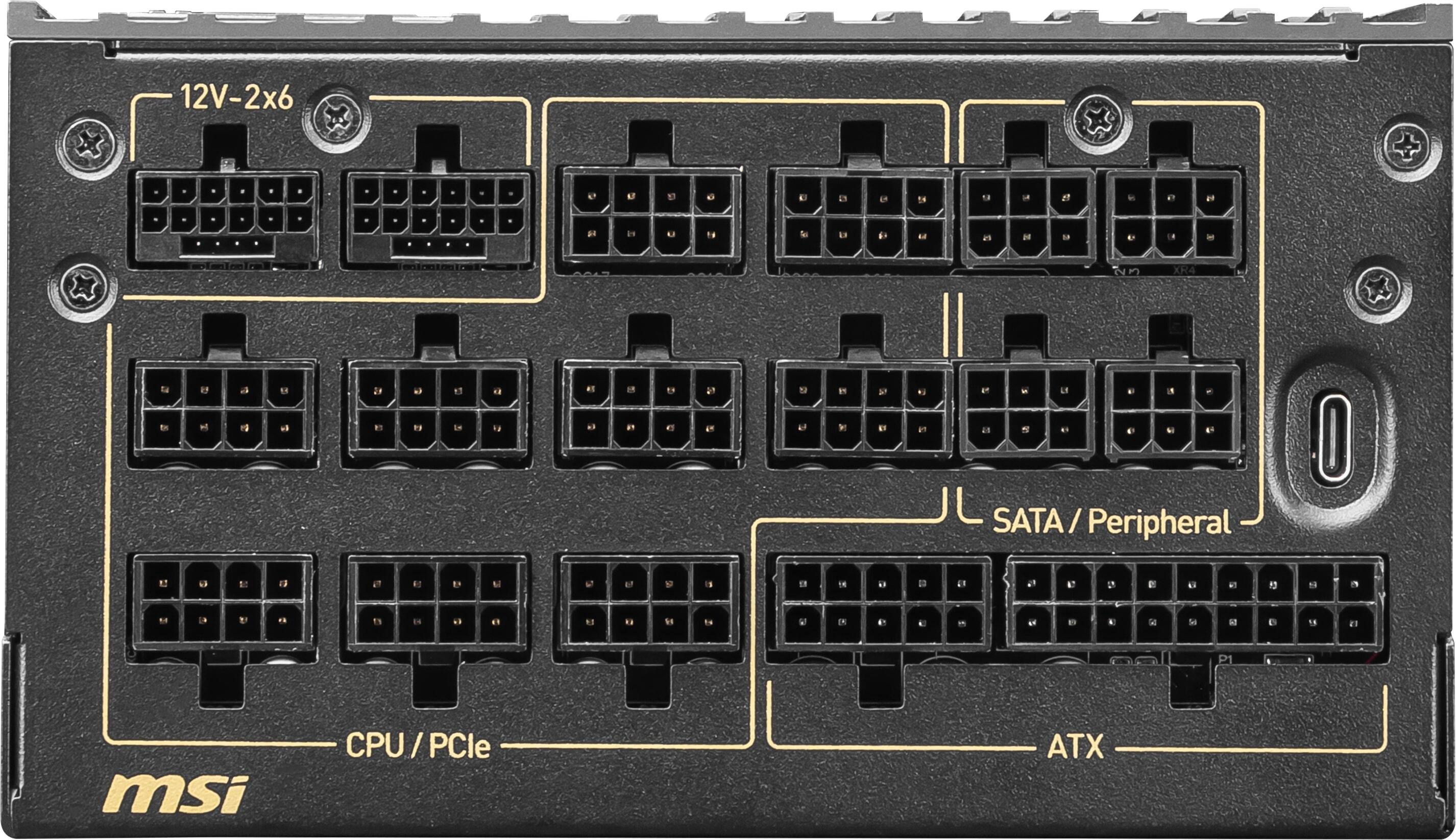 The text on the image reads: "12V-2x6 4U 17G L a L 4E8 N 2 - 4 H g  AF F to T  L 8 4 14 - N XR4 ta En 1 ol a 1 1 1 i 8  1 11 1. e 1a es al 1 i  e 2 L 1  B Y  1 t  p M L D A -   a. e bi  SATA / Peripheral I 12  t 13 e E to M u  1 19  14 " 1 1 a N7 1 E a an 13 1   La  4. 13 14 a " 1 ..  to al I E E I oN e . S Se a E 18 a msi CPU / PCle ATX."