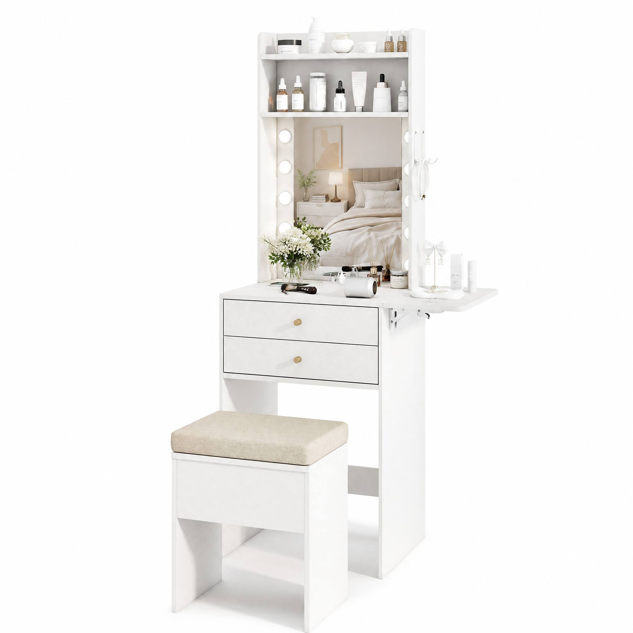 Left. WELLFOR - Compact Makeup Vanity Desk Set with 3‑Color Lighted Hollywood Mirror, Charging Station,Storage Drawers & Stool - White.