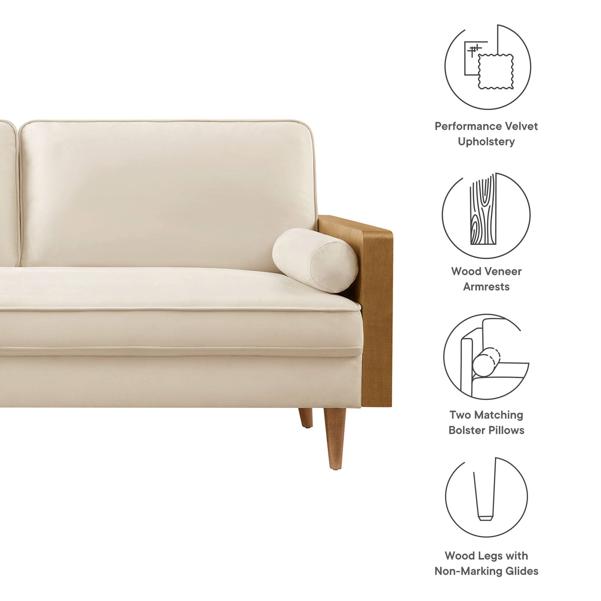 - Performance Velvet Upholstery
- Wood Veneer Armrests
- Two Matching Bolster Pillows
- Wood Legs with Non-Marking Glides