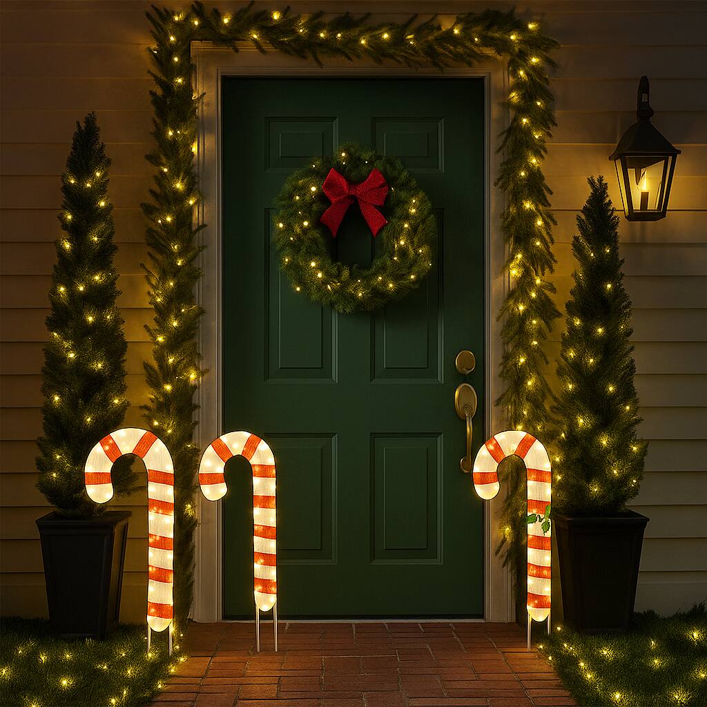 Angle. BreeBe - Outdoor Lighted Candy Cane Decorations – Set of 3 with Stakes - Red + White.