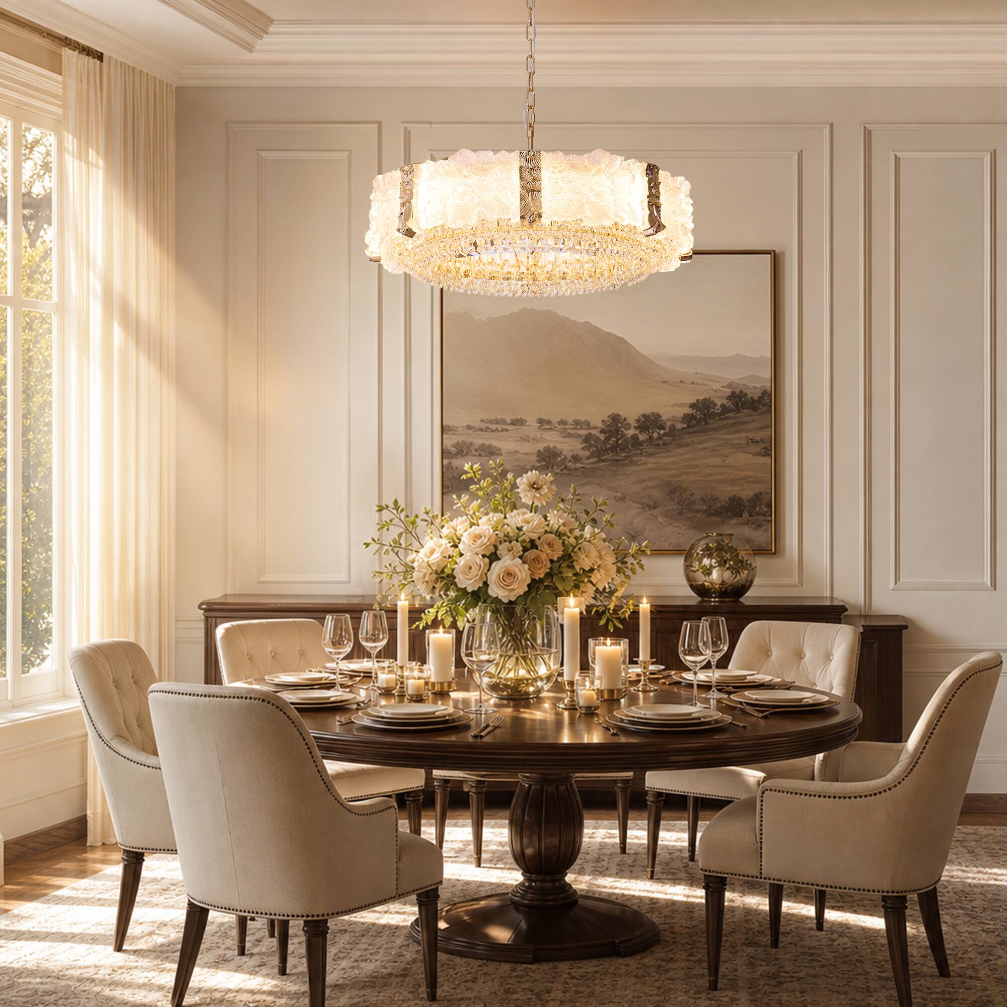 Alt View 1. Siljoy - 24 Inch Oval Luxury Gold Crystal Chandelier with Icy Texture Glass, Pendant Light for Dining Room, Living Room - Champagne Gold.