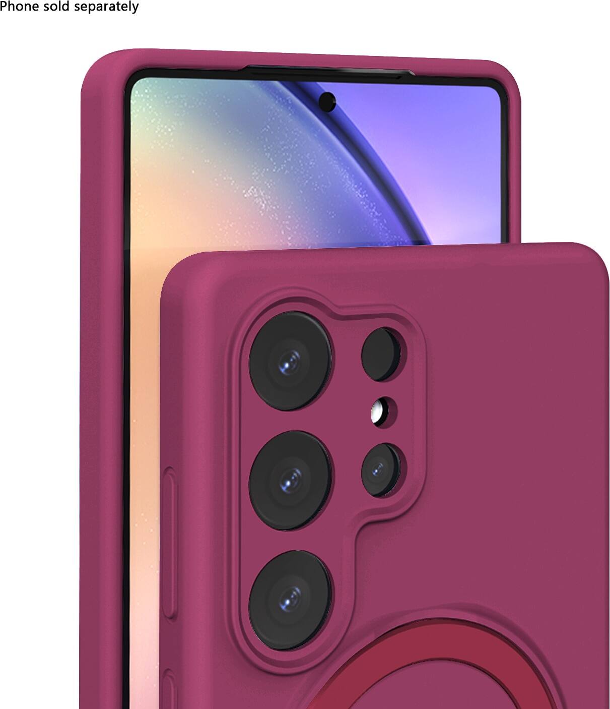 The image shows a pink cell phone case with a camera on the front. The case is designed to fit a smartphone, and it is being displayed in a white background. The text "Phone sold separately" is visible on the image, indicating that the phone itself is not included with the case and must be purchased separately.