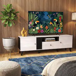 WELLFOR - Mid Century Modern TV Stand for TV Up to 80" ,Entertainment Center with Open Shelf & Drawer for Living Room - Oak