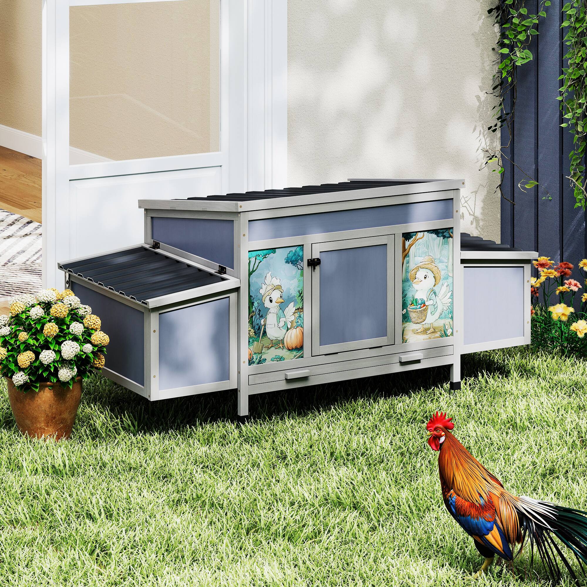 Left. Boyel Living - Gray Main Body and Gray Wave Tiles Large Wooden Chicken Coop with 2 Rest Areas Play Area Removable Tray and Lockable - Gray.