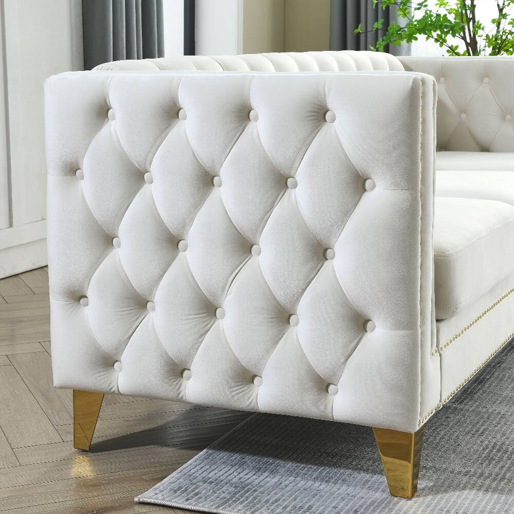 Alt View 3. Loheer - Loheer Beige Velvet Sofa, 3-Seat Chesterfield Couch with Button Tufted Square Arms and Metal Legs for Modern Living Room - Beige.