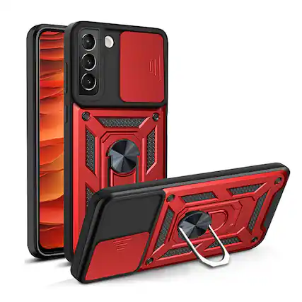 Front. Reiko - Kickstand Ring Holder & Slide Camera Cover Magnetic Car Mount For Samsung Galaxy S22 Plus In Red - Red.