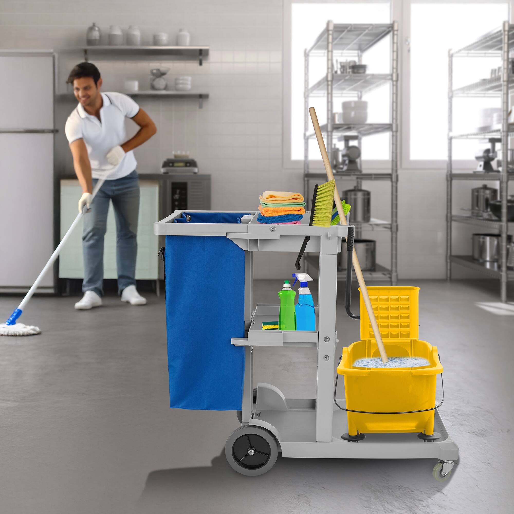 Alt View 6. Dryser - Commercial Janitorial Cleaning Cart with Shelves and Vinyl Bag- Dryser - Gray.