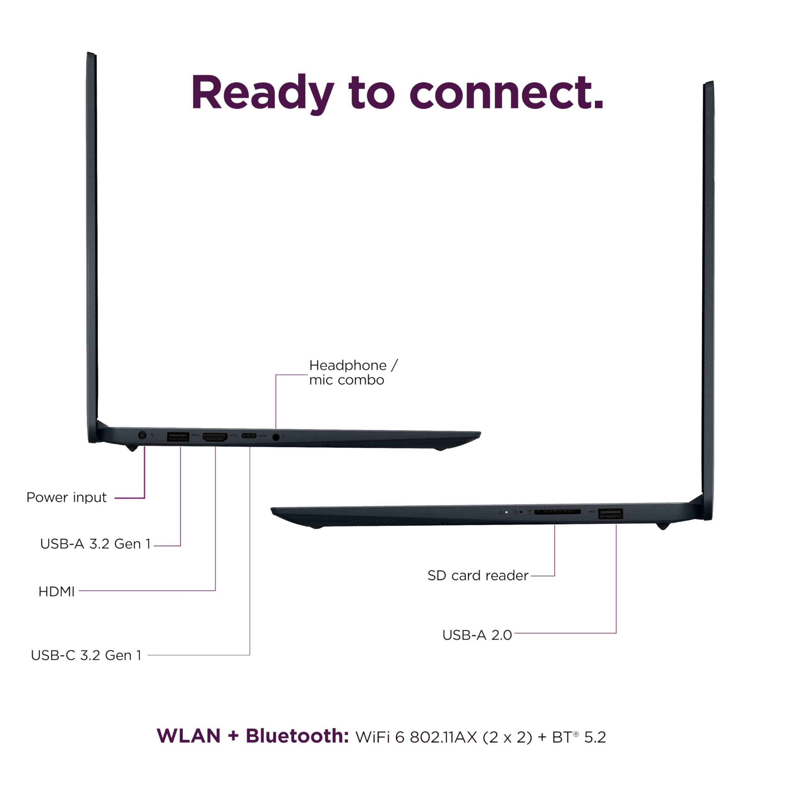 Ready to connect.

- Headphone / mic combo
- Power input
- USB-A 3.2 Gen 1
- HDMI
- USB-C 3.2 Gen 1
- SD card reader
- USB-A 2.0

WLAN + Bluetooth: WiFi 6 802.11AX (2x2) + BT 5.2
