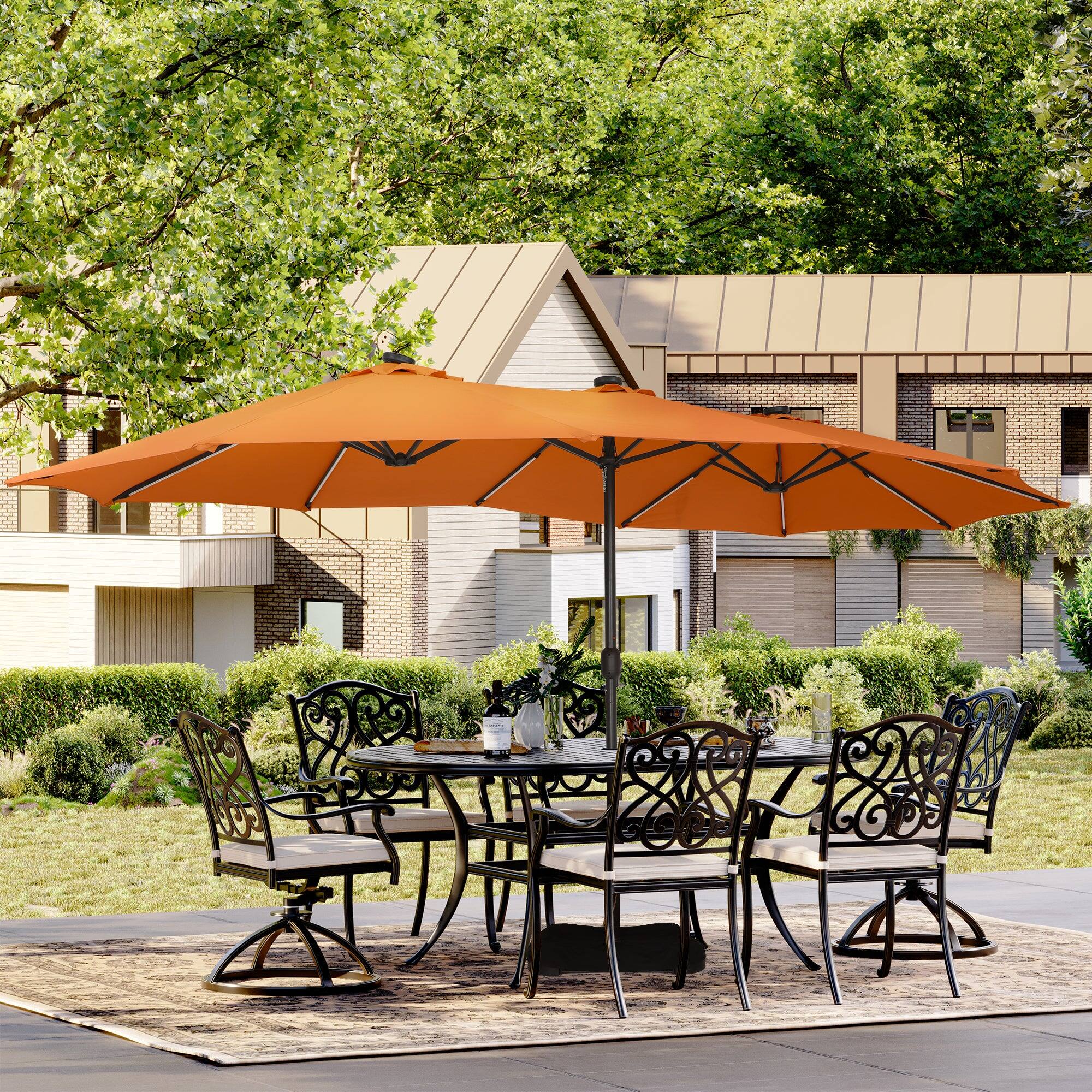 Alt View 1. Boyel Living - Orange 15 FT Double-Head Patio Umbrella with Base with Solar Detachable Lights.