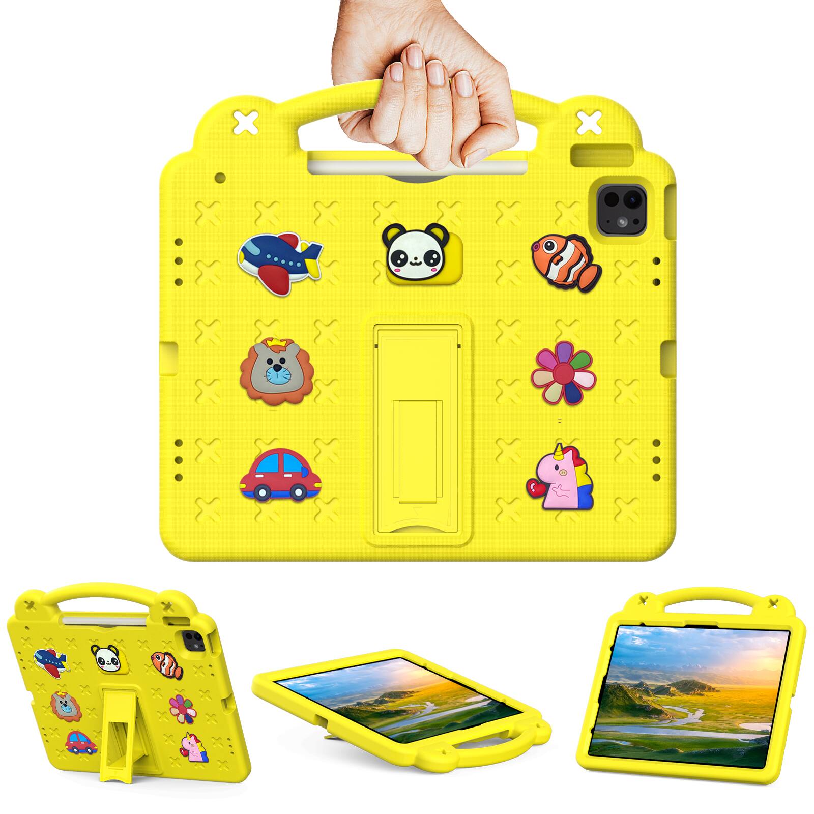 Angle. UUCOVER - Kids Case for iPad Air 13-inch M4 M3 M2 (2026/2025/2024),Shockproof EVA Case Handle Adjustable Stand Cover - Yellow.