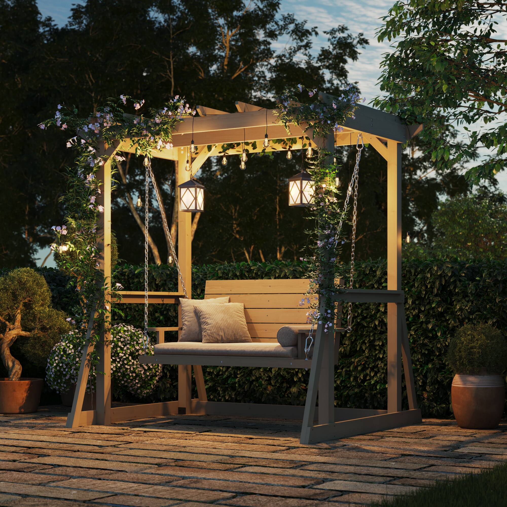 Left. Famapy - Solid Cedar 2-Person Pergola Swing - Weather-Resistant Outdoor Patio Swing with Heavy-Duty Chain, 600LBS Capacity - Wooden.