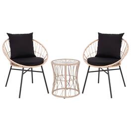 Emma + Oliver - Ari 3 Piece Boho Patio Set - Faux Rattan Rope Papasan Style Chairs with Cushions and Glass Topped Side Table - Black Cushions/Tan Frame