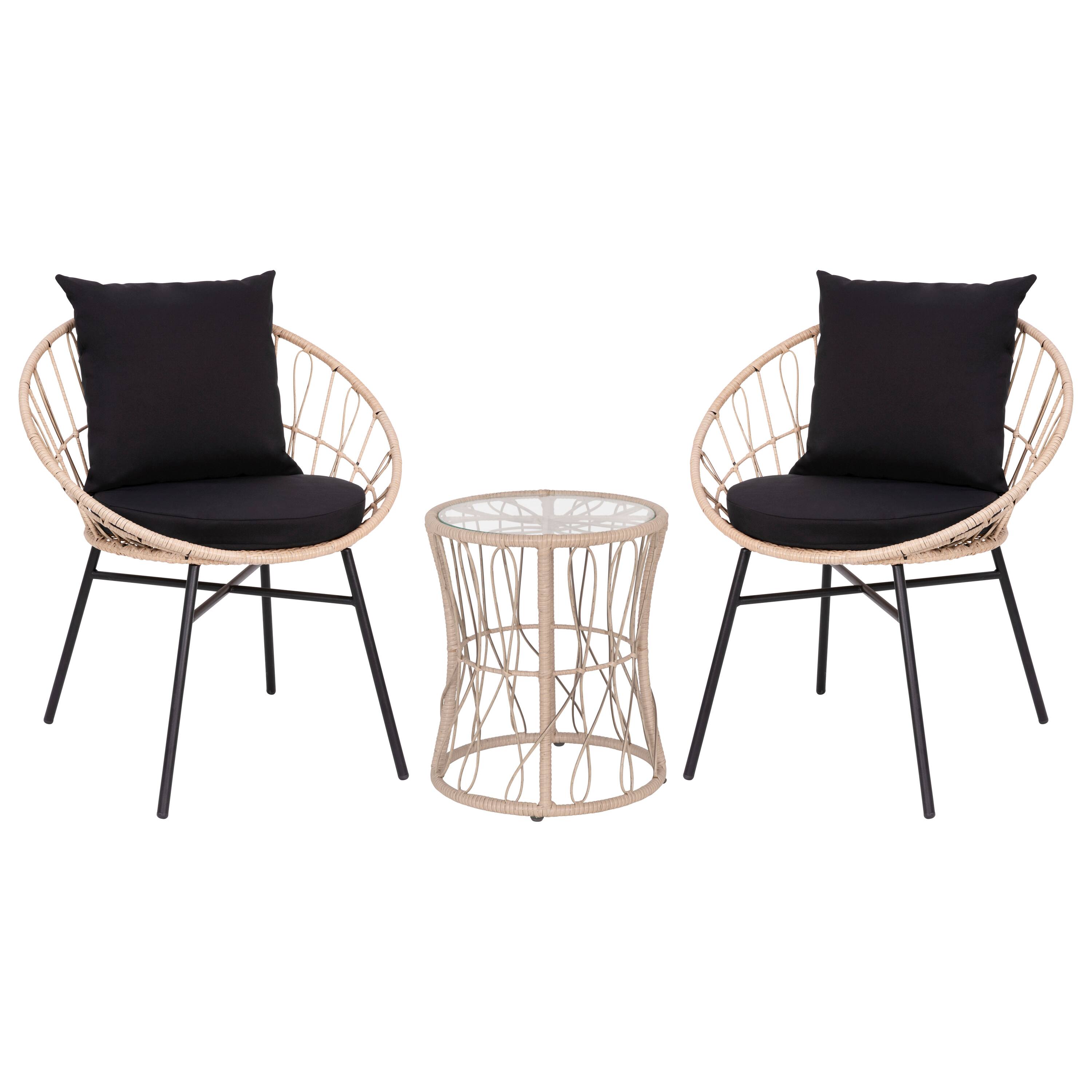 Front. Emma + Oliver - Ari 3 Piece Boho Patio Set - Faux Rattan Rope Papasan Style Chairs with Cushions and Glass Topped Side Table - Black Cushions/Tan Frame.