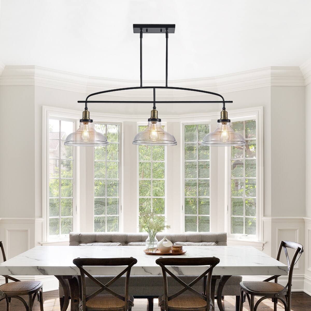 Back. Loheer - Loheer 3 Light Pendant Chandelier with Clear Glass Shades Black Metal Frame Adjustable Height.