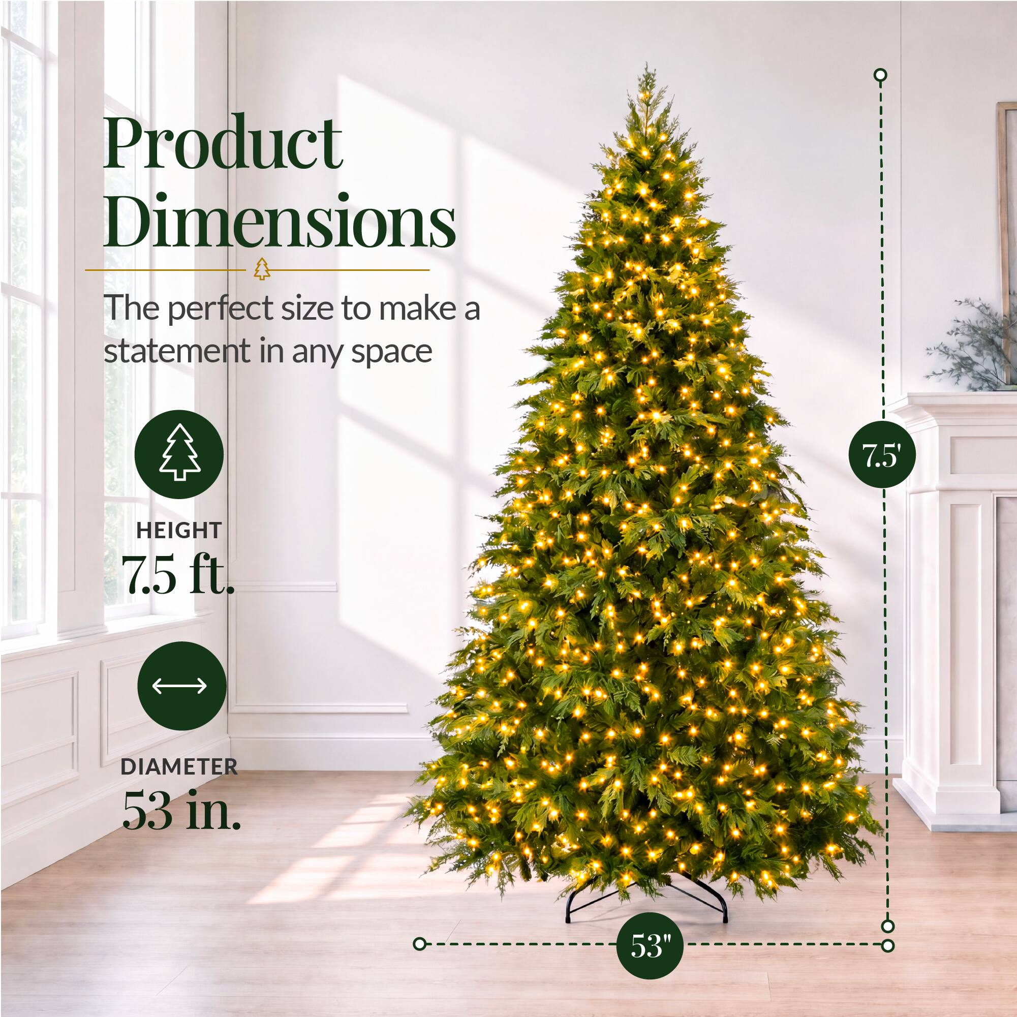 Product Dimensions  
The perfect size to make a statement in any space  
HEIGHT 7.5 ft  
DIAMETER 53 in.