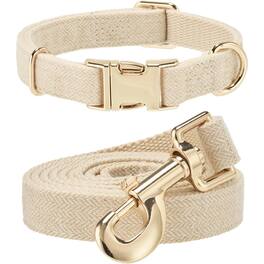 MOSZAR LLC - Dog Collar & Leash Set, Soft Hemp, Woven Tweed, Beige - Tweed-Beige