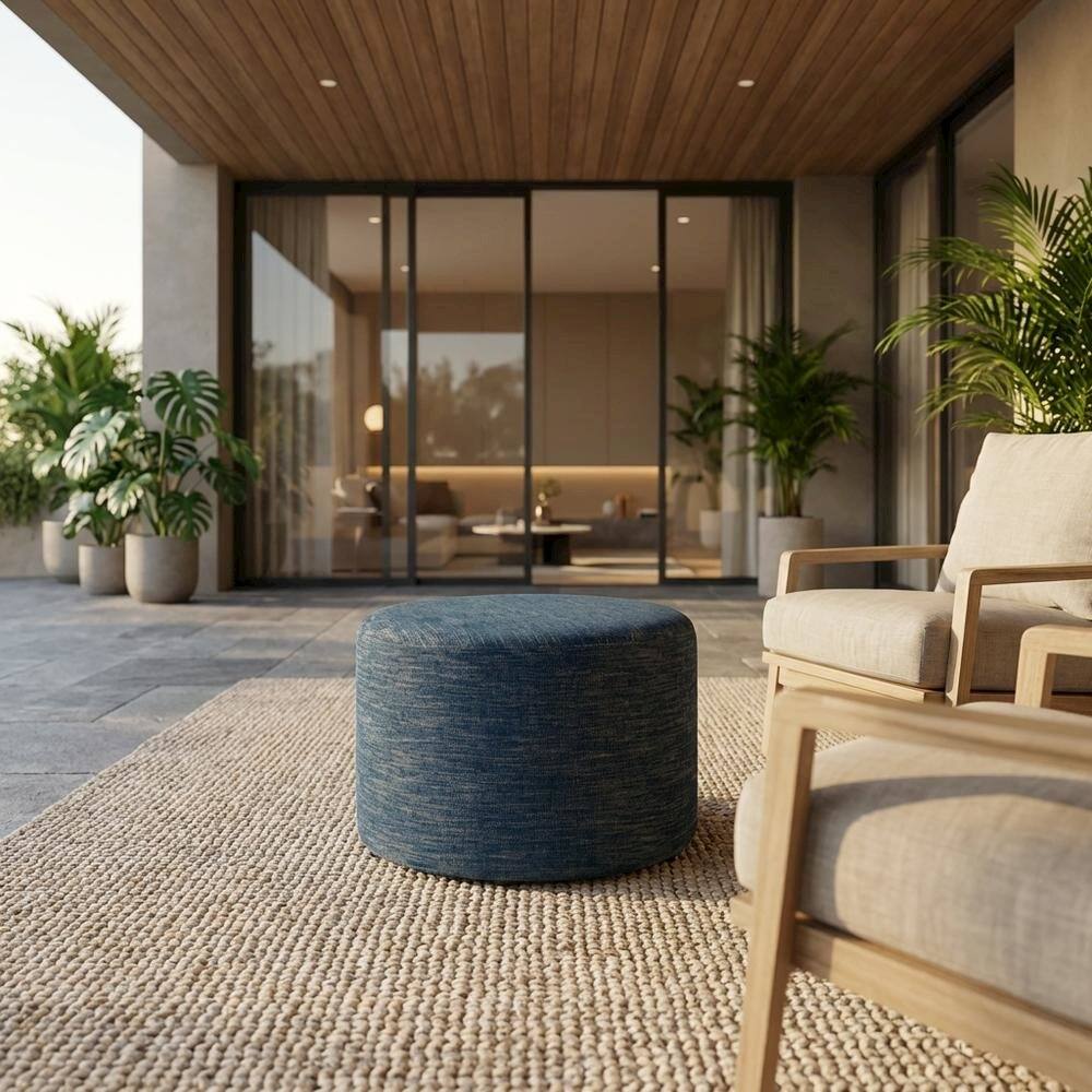 Angle. Outdoor Escape - Round Woven Heathered Fabric Ottoman with Cushioned Top for Outdoor Lounge - Blue.