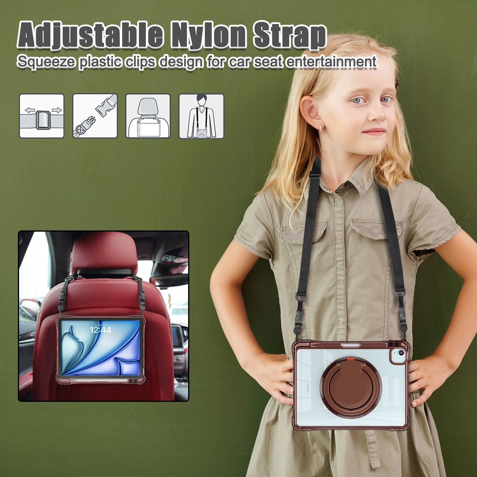 Adjustable Nylon Strap  
Squeeze plastic clips design for car seat entertainment