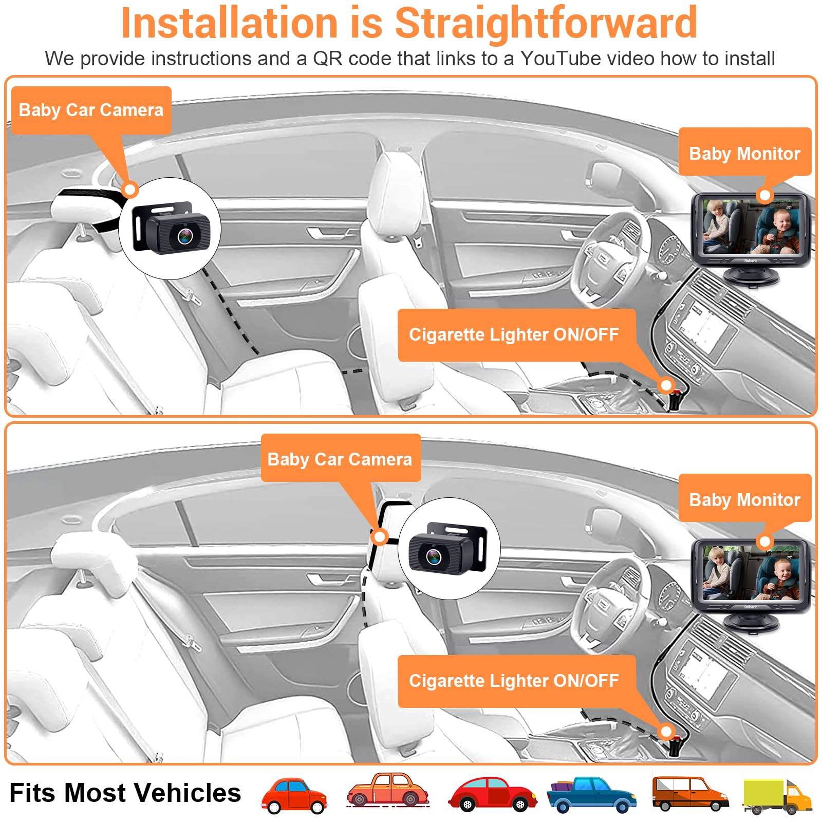 Installation is Straightforward  
We provide instructions and a QR code that links to a YouTube video how to install  

Baby Car Camera  
Baby Monitor  
Cigarette Lighter ON/OFF  

Fits Most Vehicles