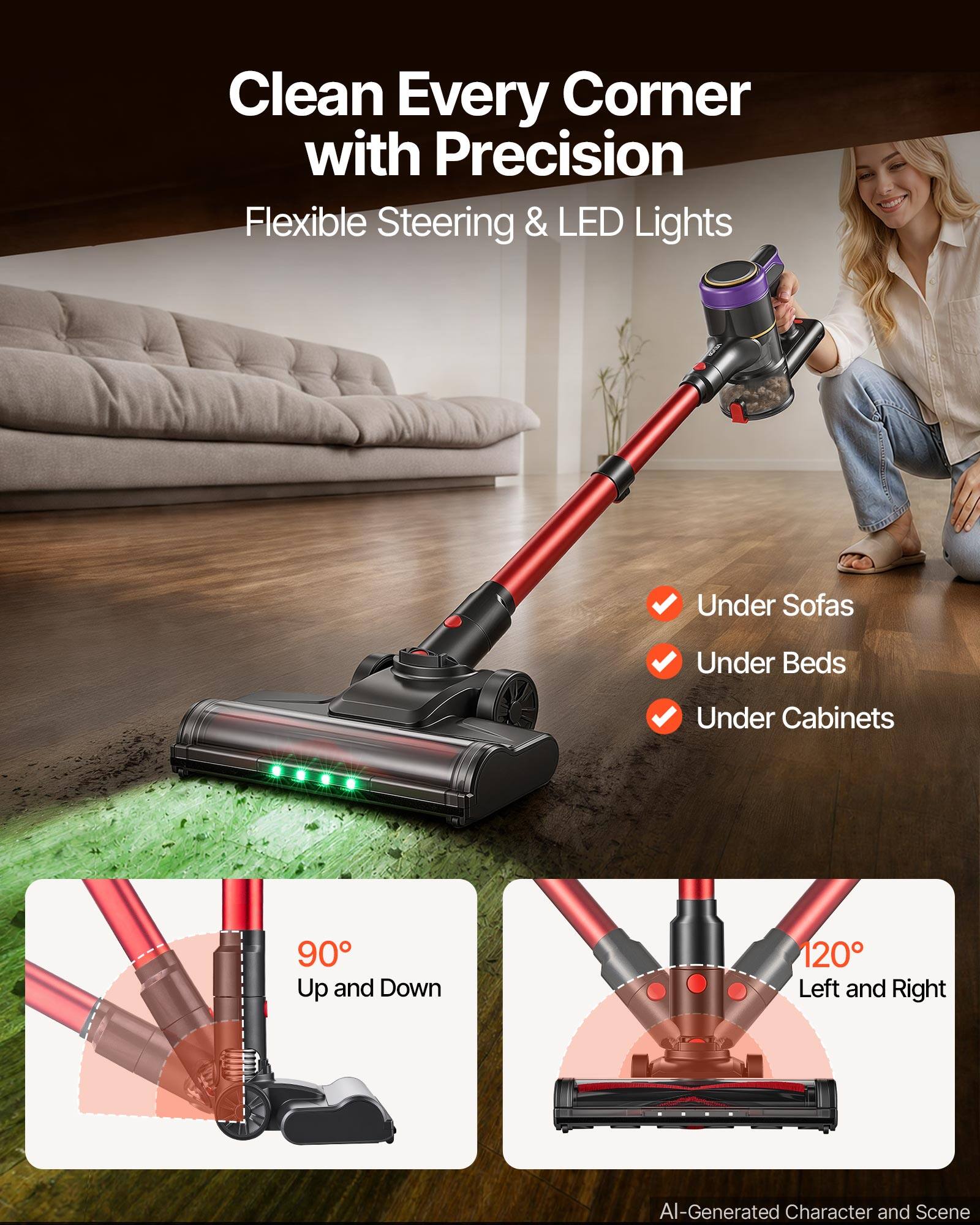 Clean Every Corner with Precision  
Flexible Steering & LED Lights  

Under Sofas  
Under Beds  
Under Cabinets  

90° Up and Down  
120° Left and Right  

AI-Generated Character and Scene