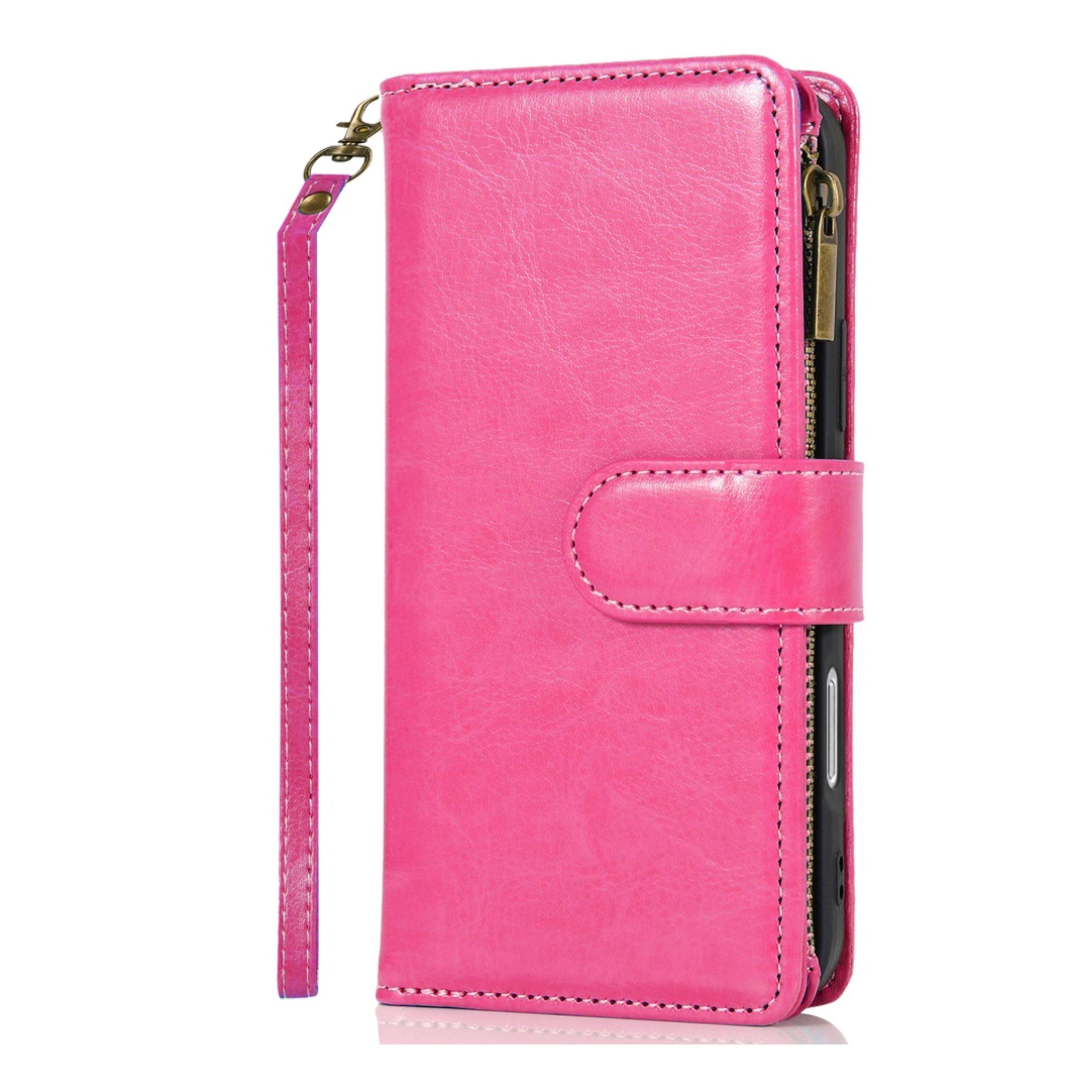 Back. Kitcheniva - PU Leather Phone Wallet Phone Case With Zipper Tempered Glass For iPhone 17 Hot Pink - Hot Pink.