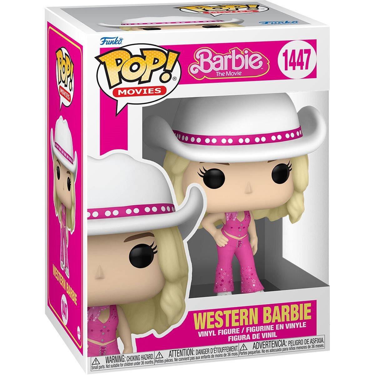 Sure, here is the corrected and grouped text from the image:

---

**Funko POP! Movies**

**Barbie The Movie**

**1447**

**WESTERN BARBIE**

**VINYL FIGURE / FIGURINE EN VINYLE / FIGURA DE VINIL**

**WARNING: CHOKING HAZARD**  
Small parts. Not suitable for children under 36 months.

**ATTENTION: PELIGRO DE ASFIXIA**  
Pequeñas piezas. No conviene para niños menores de 36 meses.

**ADVERTENCIA: PEQUEÑAS PIEZAS. NO ADECUADO PARA NIÑOS MENORES DE 36 MESES**

---

This text is organized to reflect the information on the packaging accurately.