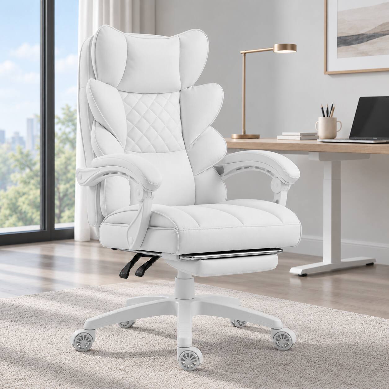 Angle. Dowinx - Dowinx Big and Tall Office Chair with Pocket Spring Cushion,High Back Computer Gaming Chairs with Adjustable Armrests - White.