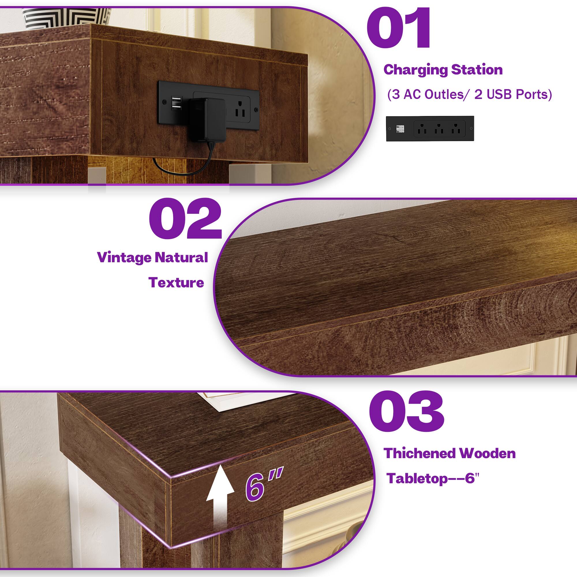 01 Charging Station (3 AC Outlets/ 2 USB Ports)  
02 Vintage Natural Texture  
03 Thickened Wooden Tabletop--6"