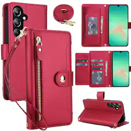 Dteck - Zipper Wallet Case for Samsung Galaxy A16 5G,Detachable Crossbody Flip Faux Leather Card Slots Kickstand Cover+Lanyard - Red