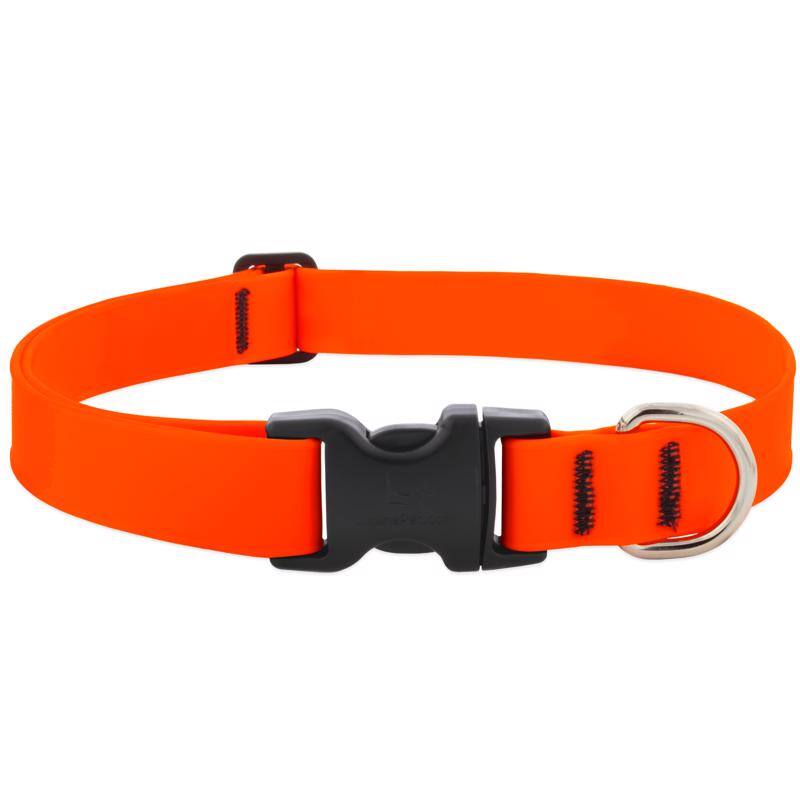 Angle. LupinePet - LupinePet Splash Neon Orange BioThane Dog Adjustable Collar Large - Neon Orange.