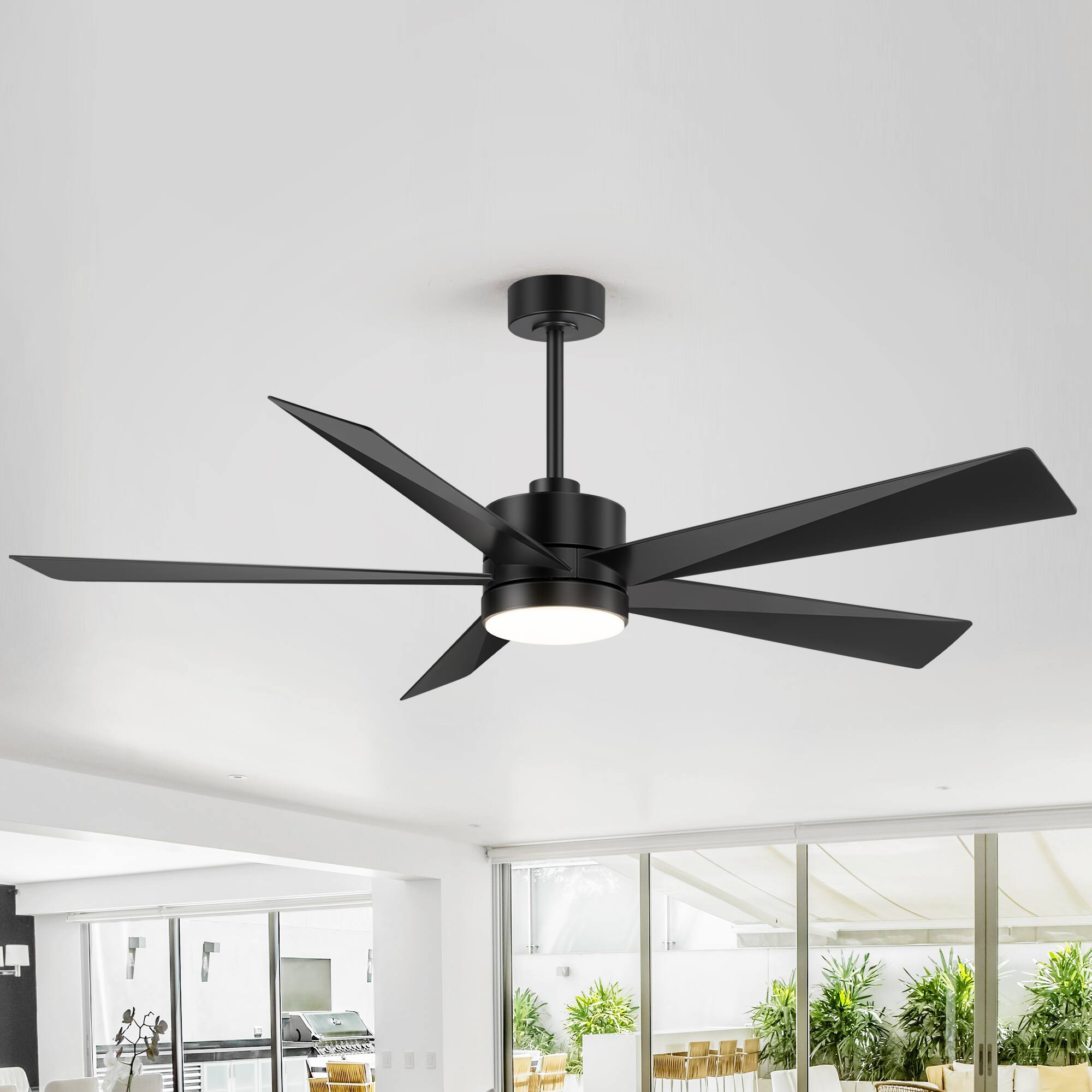 Back. Breezary - 65-Inch Ceiling Fan with 5-Blade, 3-Color Light, 6-Speed DC Motor, 6"/12" Downrods, Remote with Timer & Memory - Matte Black.