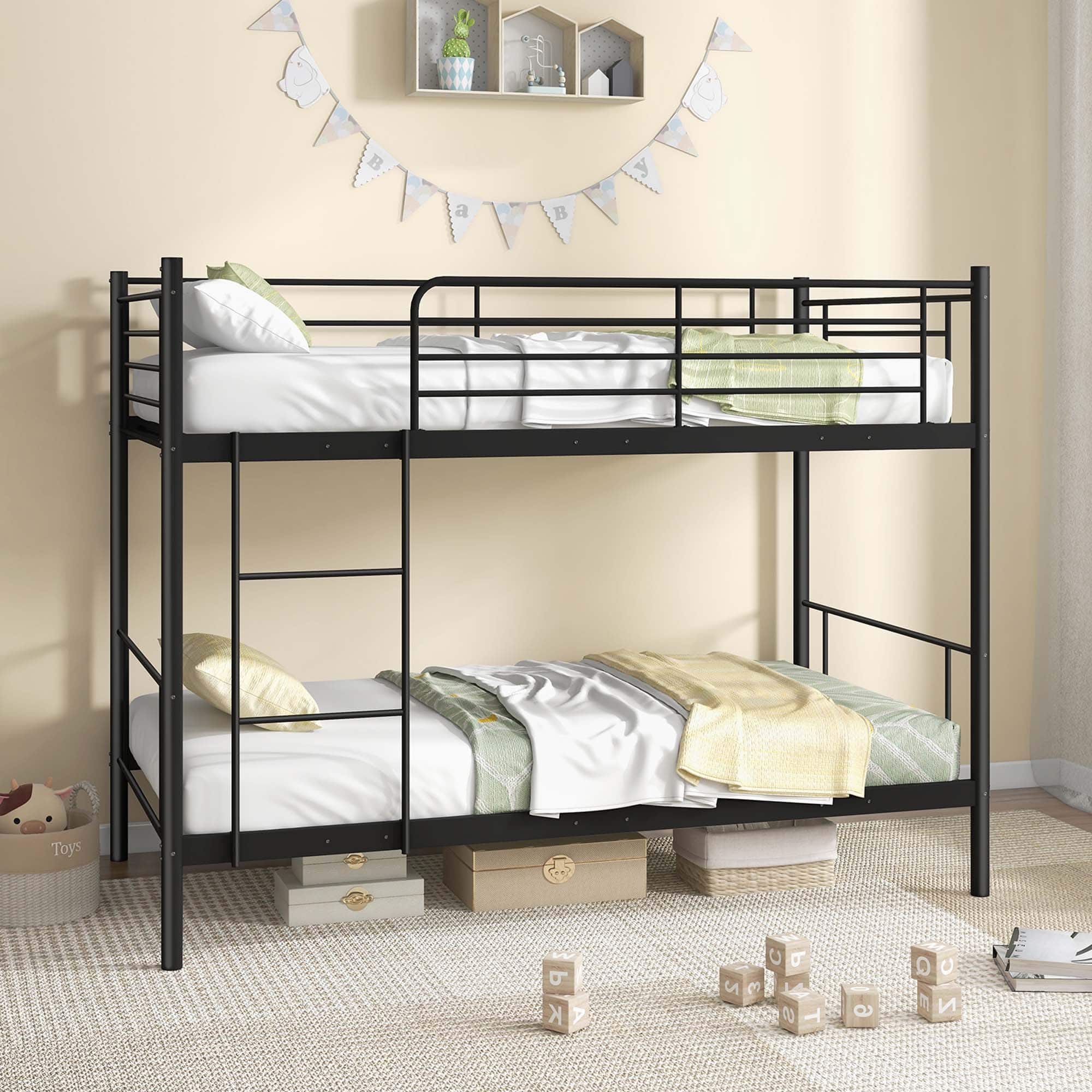 Costway - Metal Twin Over Twin Bunk Bed with Built-in Ladder Safety Guardrail - Black