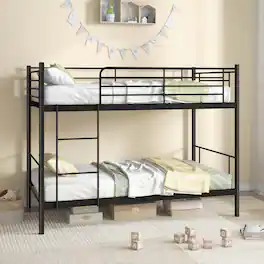 Costway - Metal Twin Over Twin Bunk Bed with Built-in Ladder Safety Guardrail - Black