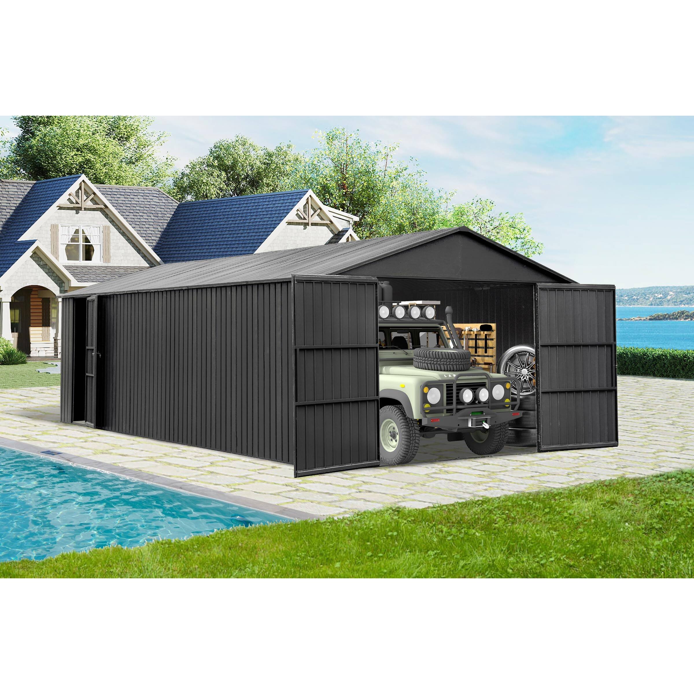 Angle. Mondawe - 12x25FT Metal Garage Shed, Extra-Large Vehicle Shelter with Lockable Doors - Dark Gray.