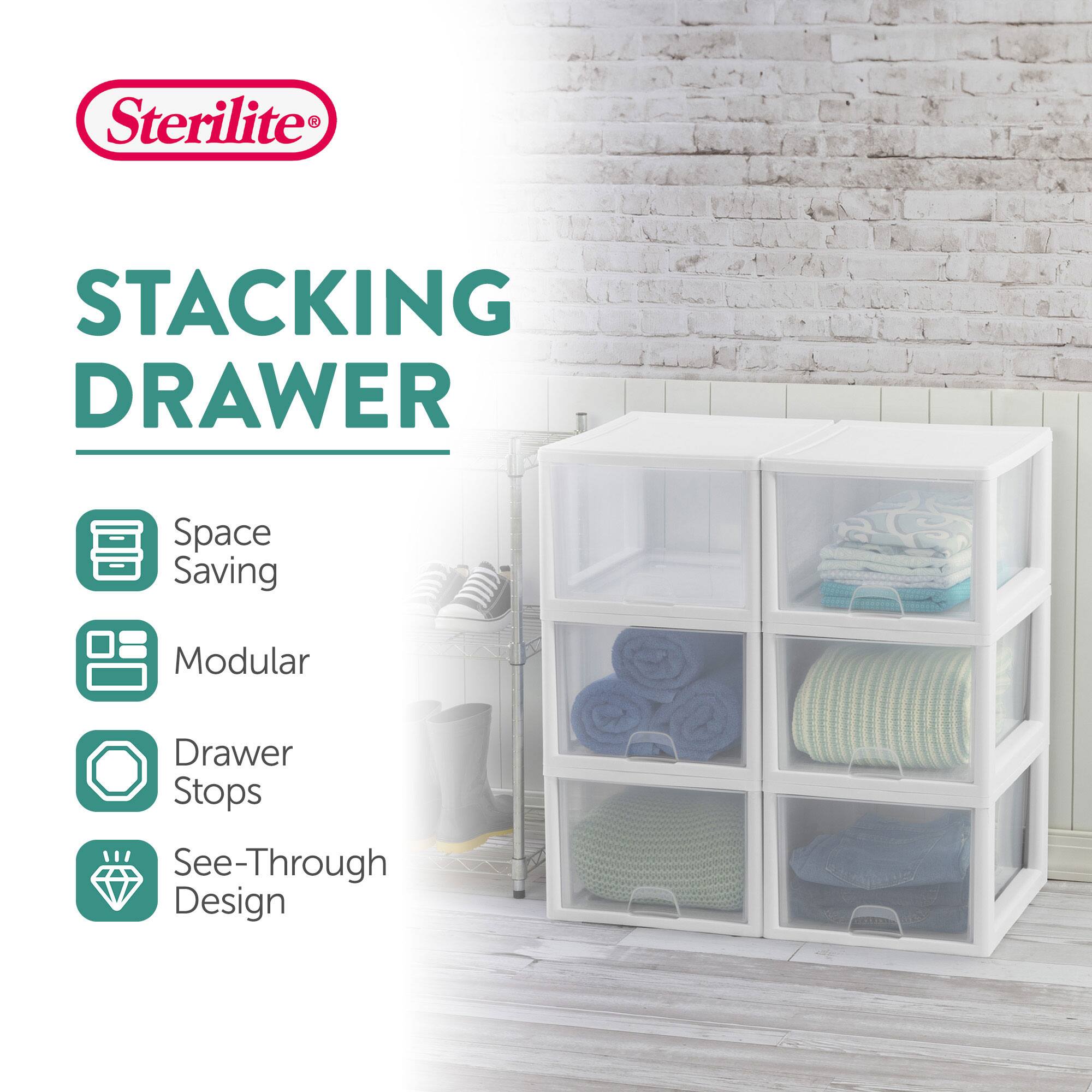 Sterilite®  
STACKING DRAWER  
- Space Saving  
- Modular  
- Drawer Stops  
- See-Through Design