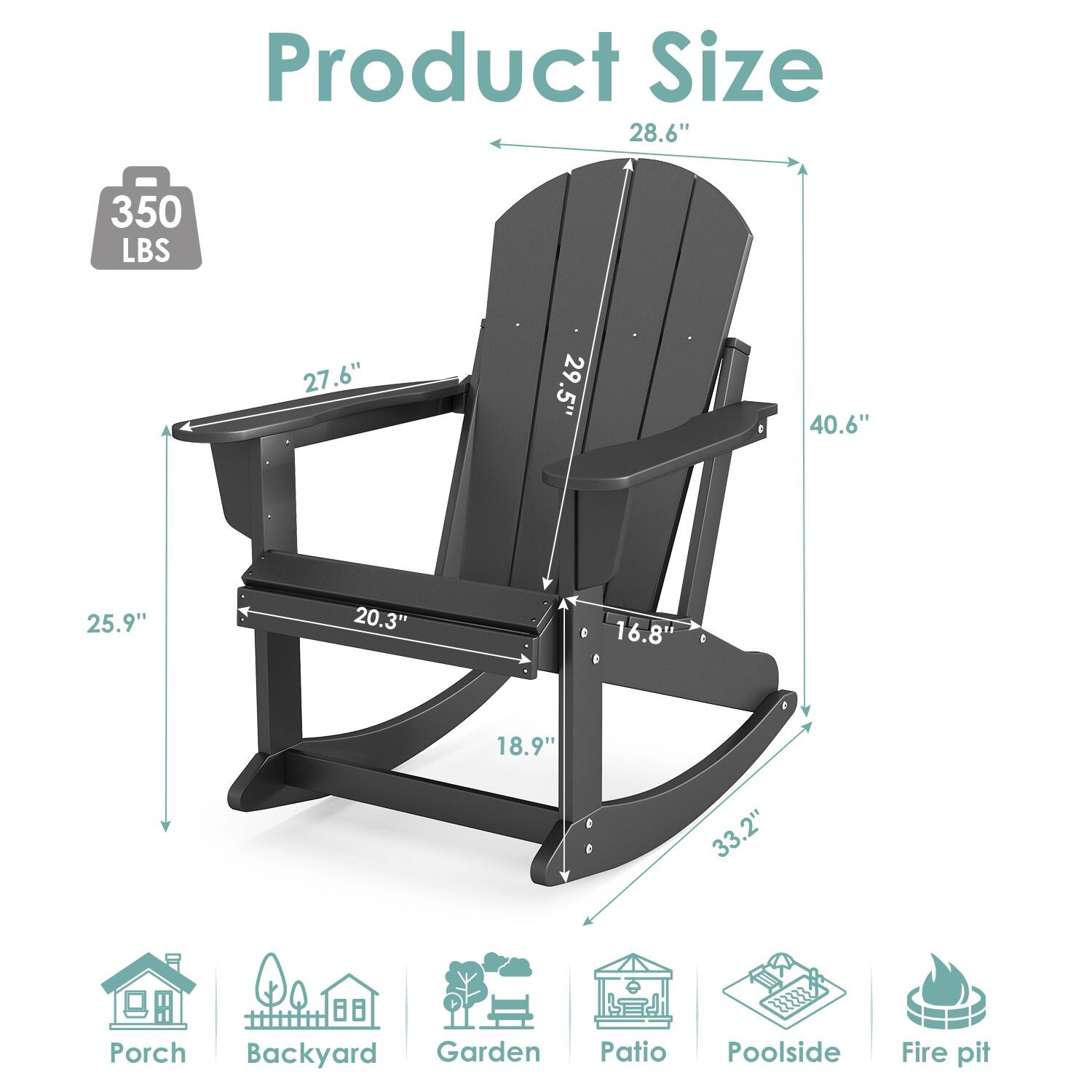 Product Size  
28.6" x 350 LBS x 27.6" x 29.5" x 40.6" x 25.9" x 20.3" x 16.8" x 18.9" x 33.2"  
Porch Backyard Garden Patio Poolside Fire pit