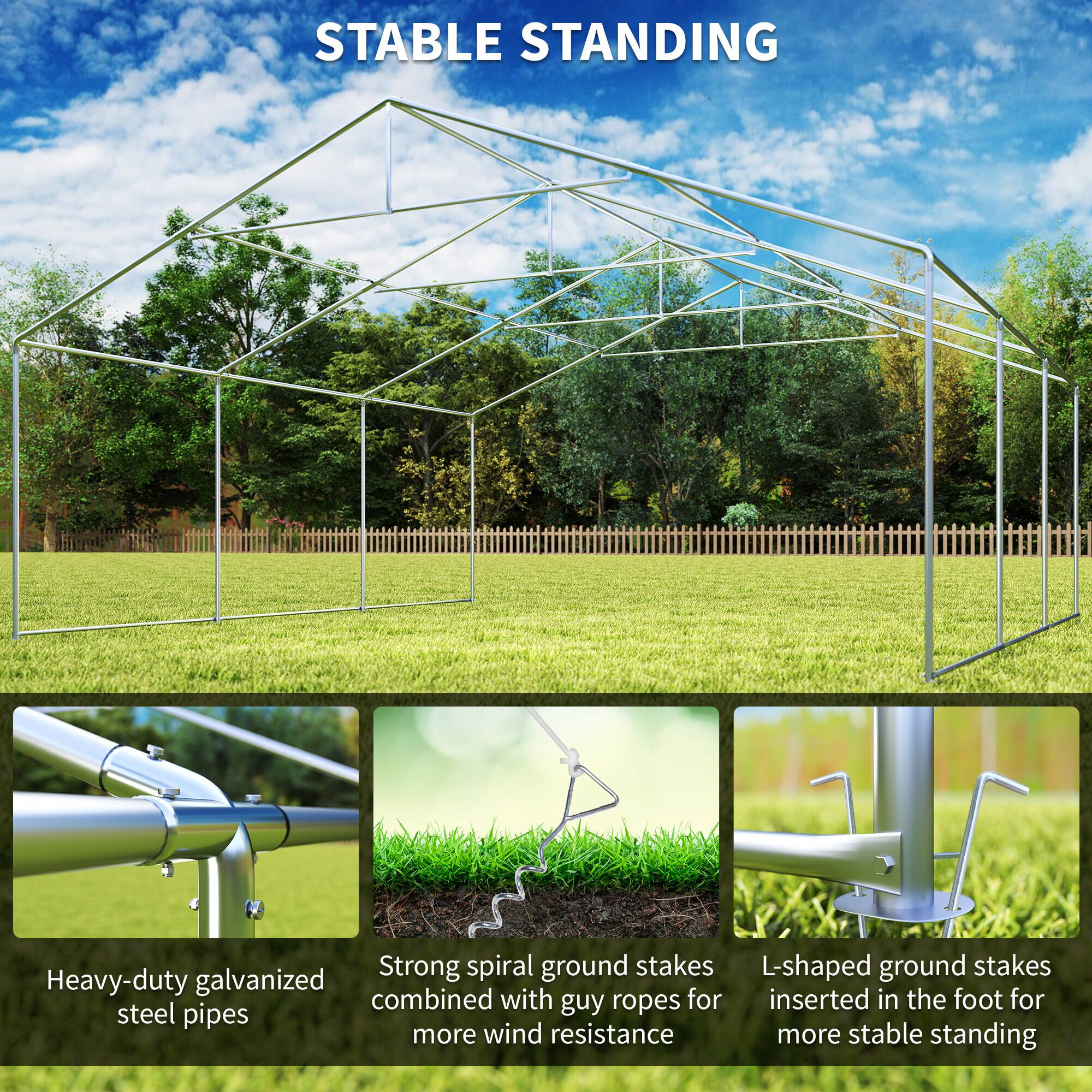 Heavy-duty galvanized steel pipes, Strong spiral ground stakes combined with guy ropes for more wind resistance, L-shaped ground stakes inserted in the foot for more stable standing