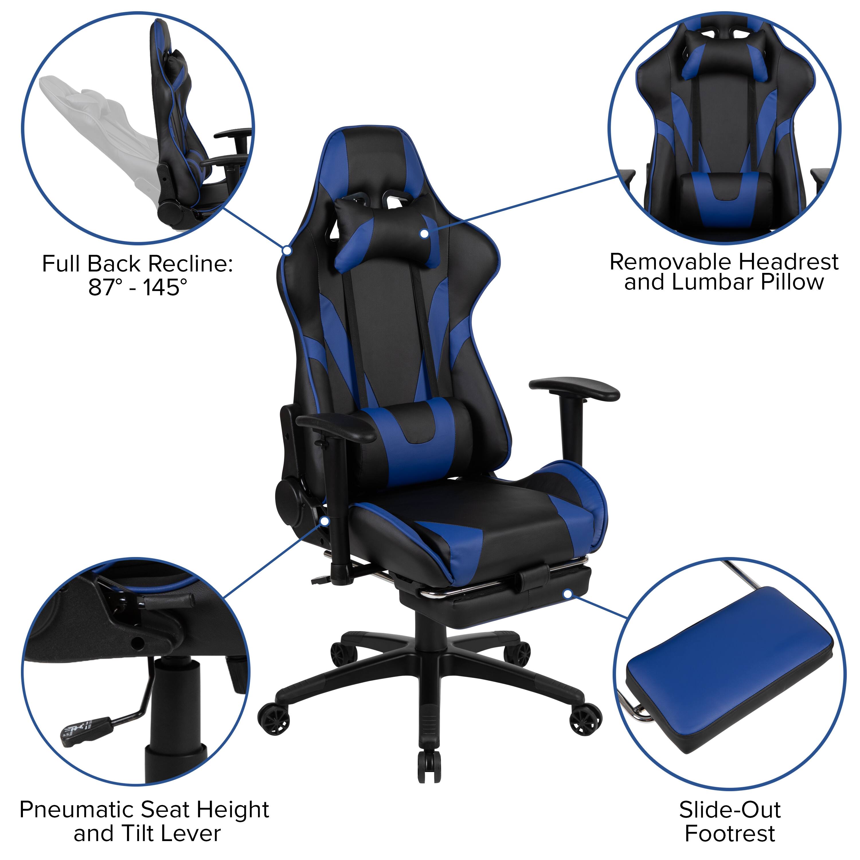 Full Back Recline: 87° - 145°  
Removable Headrest and Lumbar Pillow  
Pneumatic Seat Height and Tilt Lever  
Slide-Out Footrest