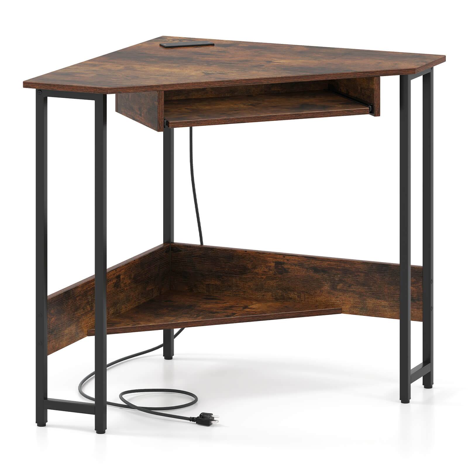 Alt View 9. Costway - Costway Triangle Corner Computer Desk w/ Charging Station Keyboard Tray & Storage Shelf - Rustic Brown/Black.