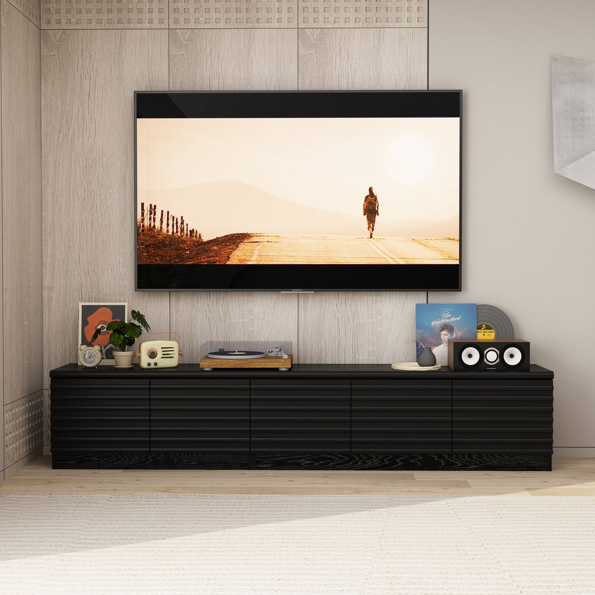 Alt View 5. Famapy - Famapy Modern TV Stand: Up to 75 - Inch Fit, Textured Surface, High - End Style - Black.